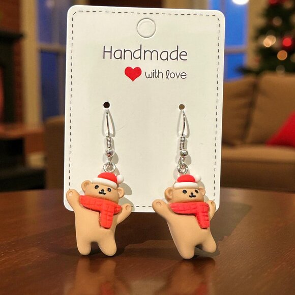 Handmade Teddy Bear Earrings | Christmas Earrings | Polymer Clay Holiday Jewelry - Picture 7 of 8